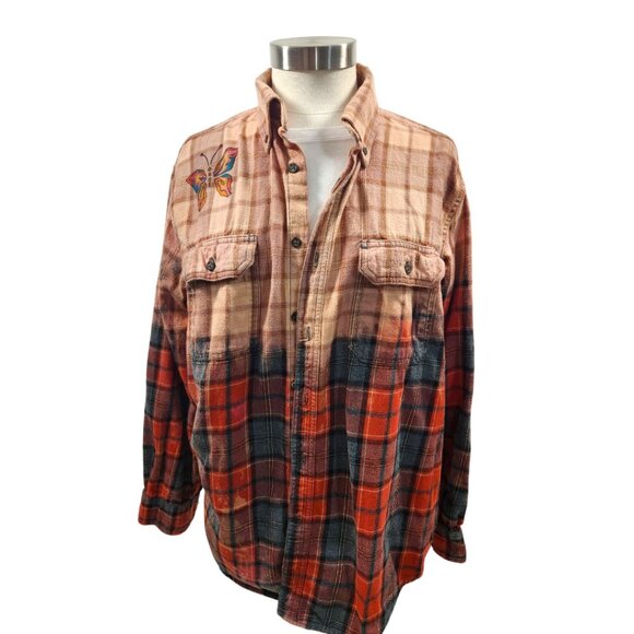 Upcycled Hand Painted Butterfly Flannel Shirt - Bleached Red L Unisex - Picture 4 of 8